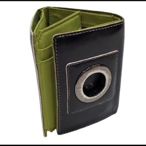 Anne Klein Black Leather Trifold Wallet with Chartreuse Green Interior